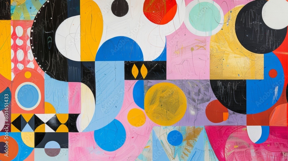 Poster a playful abstract composition featuring whimsical shapes and patterns.