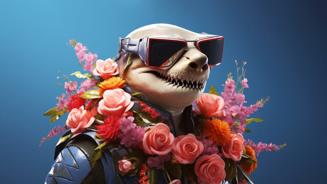 Anthropomorphic hyperrealistic cyberpunk shark fish character wearing sunglasses and wreath of flowers on minimal background. Modern pop art illustration