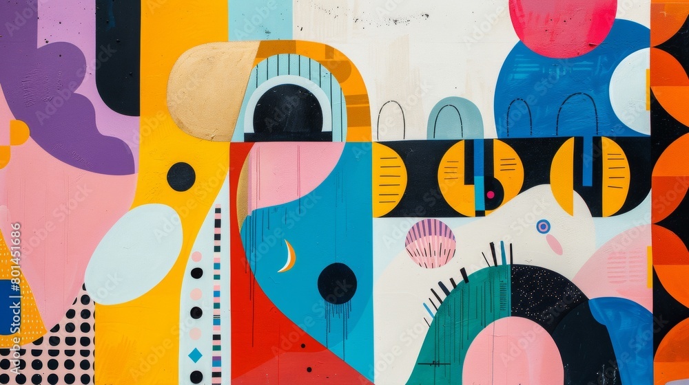 Poster a playful abstract composition featuring whimsical shapes and patterns.