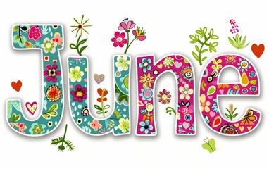 Text in the center of the word "June", colorful lettering with flowers and hearts Generative AI