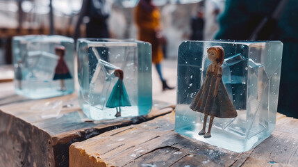 Small Doll Figurines Encapsulated in Resin Blocks.