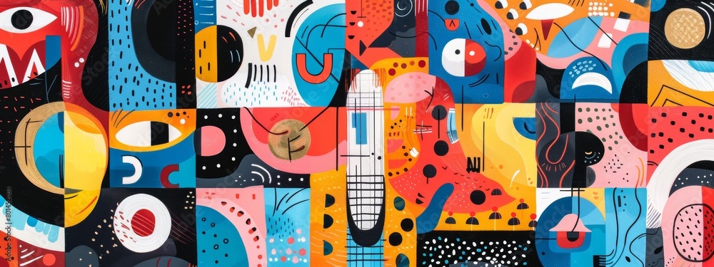 Poster a playful abstract composition featuring whimsical shapes and patterns.