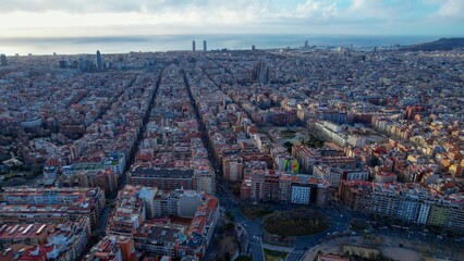Aerial of the city Barcelona in spain on a sunny morning in spring.
