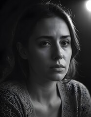 Fototapeta premium Intimate black and white portrait of a sad-looking woman