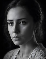 Intimate black and white portrait of a sad-looking woman