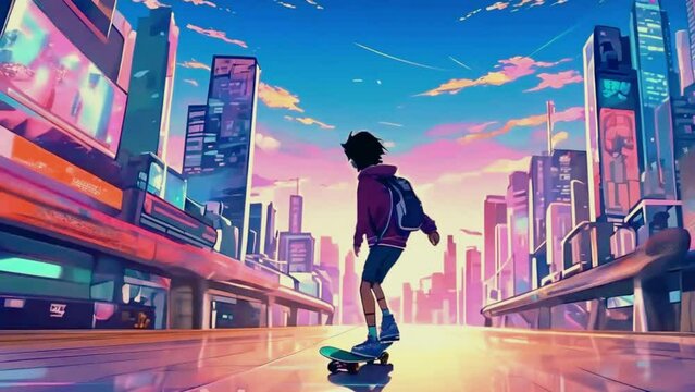 School Boy in a city playing, Anime style Seamless loop hip-hop chill music lofi bites vibes Relaxing animation