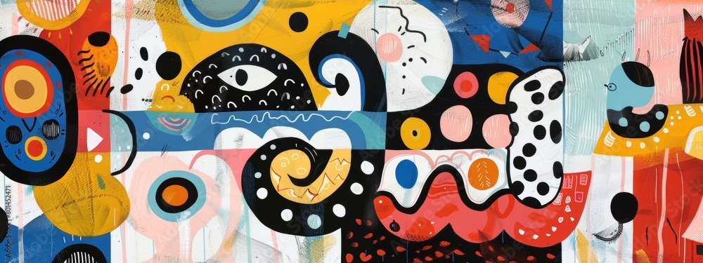 Poster a playful abstract composition featuring whimsical shapes and patterns.