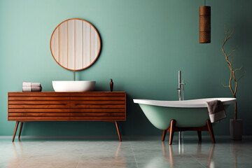 A bathroom featuring a white bathtub a sleek sink and a large mirror. Retro style home interior design