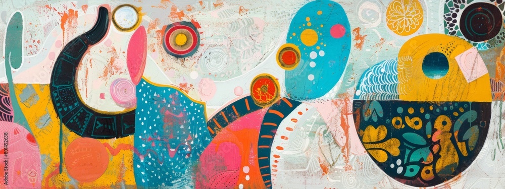 Poster a playful abstract composition featuring whimsical shapes and patterns.