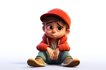 Sad stressed upset cartoon character boy kid child young male person sitting on floor wearing red hat in 3d style design on light background. Human people feelings expression concept
