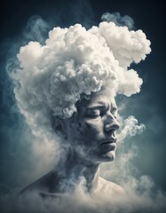 man with smoke coming out of his head in the shape of clouds.