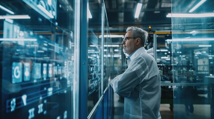 Fototapeta premium Portrait of a Thoughtful Middle Aged Engineer Monitoring and Analyzing Conditions at a Modern Electronics Factory with Automated Robots Working. Quality inspector and manual worker in a factory.