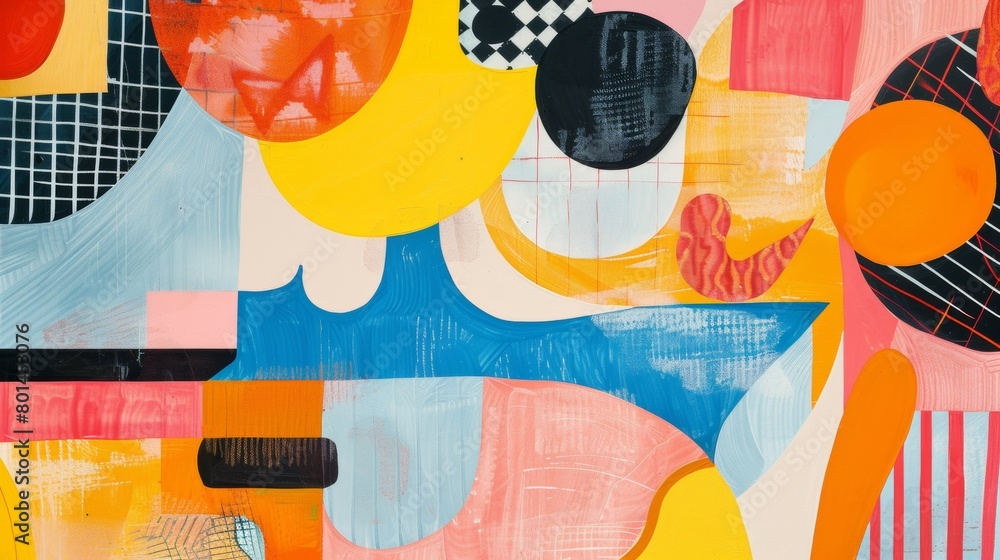 Poster a playful abstract composition featuring whimsical shapes and patterns.