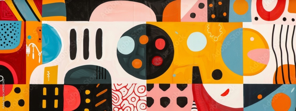 Poster a playful abstract composition featuring whimsical shapes and patterns.