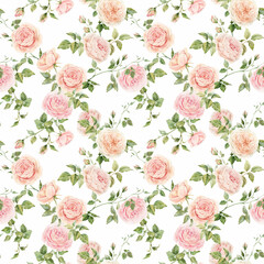 Beautiful summer floral seamless pattern with watercolor hand drawn rose flowers. Natural floral print with roses. Stock illustration. Surface background and wallpaper design.
