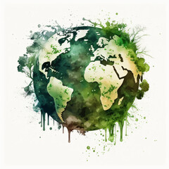 Vibrant Watercolor Earth Illustration, Eco-Friendly Green Planet Artwork, Global Environment Conservation, Earth Day	