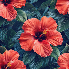 Tropical hibiscus flower seamless patterns