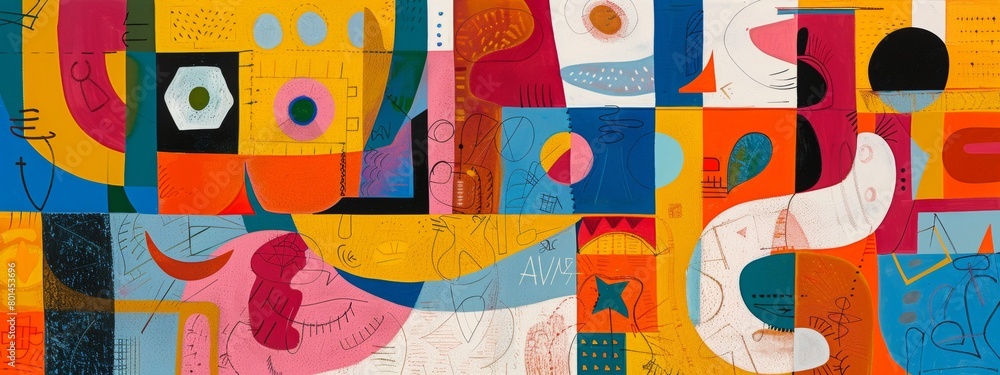 Poster a playful abstract composition featuring whimsical shapes and patterns.