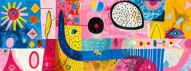 A playful abstract composition featuring whimsical shapes and patterns.