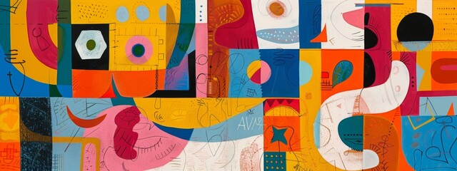 A playful abstract composition featuring whimsical shapes and patterns.