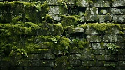 Moss covered wall with plants growing on it, vector art