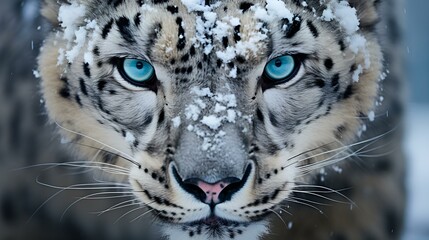 Illustration of a snow leopard with blue eyes gazing at the camera