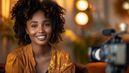 Black woman blogger smiling while creating vlog content for social media platform. Concept Vlogging, Black Women, Social Media Content, Blogger, Smiling