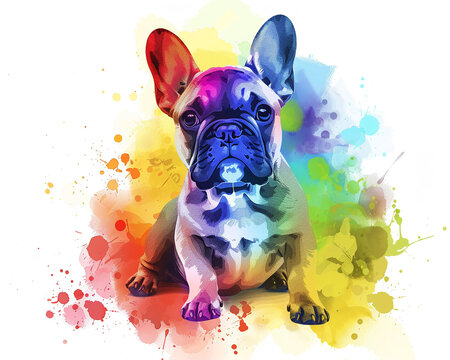 Funny scene featuring a French bulldog with rainbow  farting, depicted in a lively watercolor and clipart fusion
