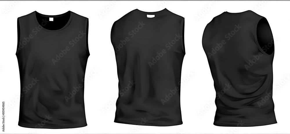 Wall mural  Set of men shirt black front, back and side view sleeveless tee t shirt tank singlet vest round neck on white background cutout. Mockup template for artwork design. 