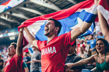 Panamanian football soccer fans in a stadium supporting the national team with scarfs and flags, La Marea Roja
