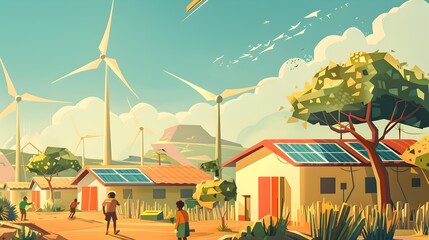 Illustrator's Vision of Renewable Energy Powering Refugee Resettlement and Community