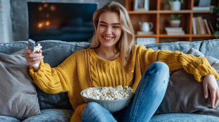 Obraz premium Woman Enjoying Movie Night at Home