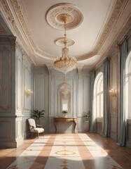 Large classic elegant blue room with a chandelier hanging from the ceiling, well lit and has a luxurious feel, Generative AI.