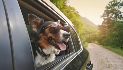  dog is sitting in a car window with sunglasses 