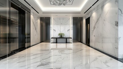 a modern Chinese-style high-end villa, featuring marble floor tiles in a chic white and black-gray color scheme, accentuated by light luxury wall lamps adorning each doorway.