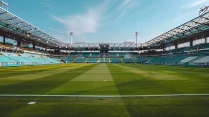 Panoramic view of an abandoned football stadium with empty seats and no spectators