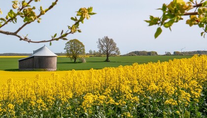 green and yellow farm fields with canola rapeseed in skane sweden during spring