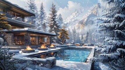 Mountain lodge features a heated pool amid snow-covered trees, side view with fire pits for warmth.