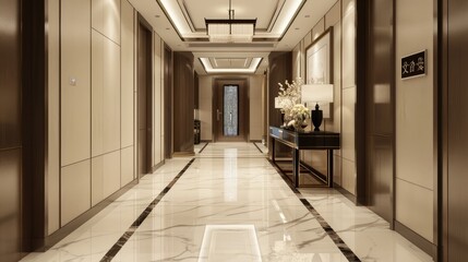 a modern Chinese-style high-end villa, featuring marble floor tiles in a chic white and black-gray color scheme, accentuated by light luxury wall lamps adorning each doorway.