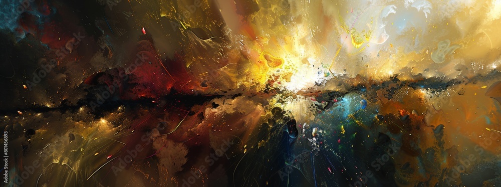 Poster an abstract digital painting exploring the interplay of light and shadow.