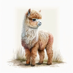 Adorable Alpaca Illustration in Natural Habitat, Fluffy Animal Watercolor Artwork
