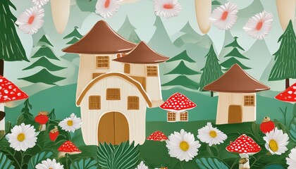 cottagecore background wallpaper for fabric image with mushrooms flowers nature greenery generative ai