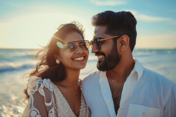indian couple standing together on the beach