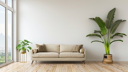 a sofa mockup nestled in a Scandinavian interior, featuring a white wall backdrop, a sleek grey sofa, a stylish side table adorned with a plant, embodying the essence of minimal home design.
