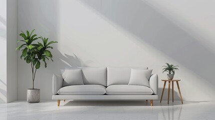 a sofa mockup nestled in a Scandinavian interior, featuring a white wall backdrop, a sleek grey sofa, a stylish side table adorned with a plant, embodying the essence of minimal home design.