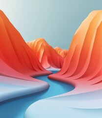 3D illustration of a canyon landscape with a river flowing through it - obrazy, fototapety, plakaty