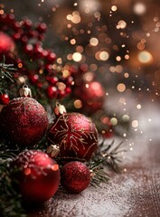Red and gold Christmas ornaments with a blurred background of twinkling lights
