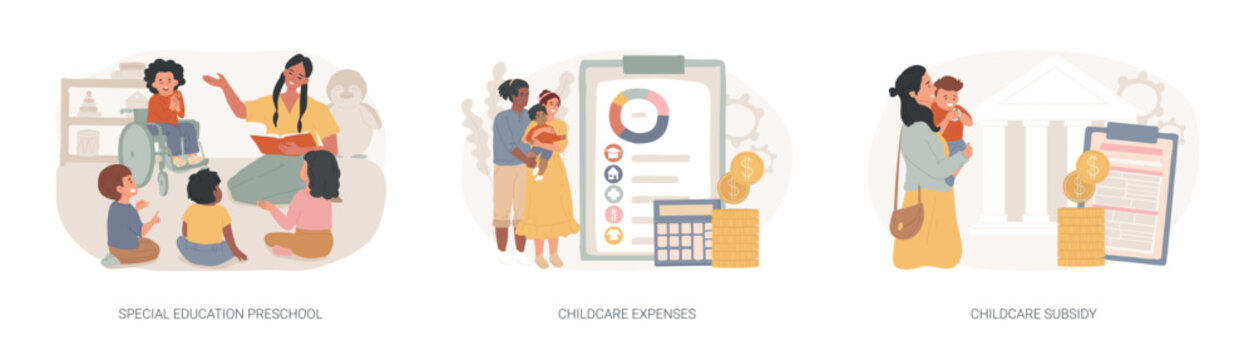 Daycare financial help isolated concept vector illustration set.
