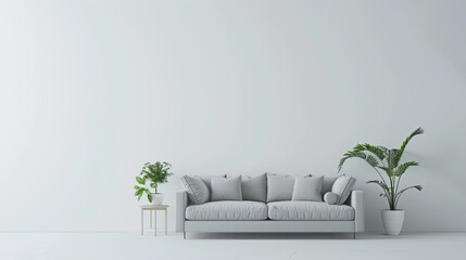 a sofa mockup nestled in a Scandinavian interior, featuring a white wall backdrop, a sleek grey sofa, a stylish side table adorned with a plant, embodying the essence of minimal home design.