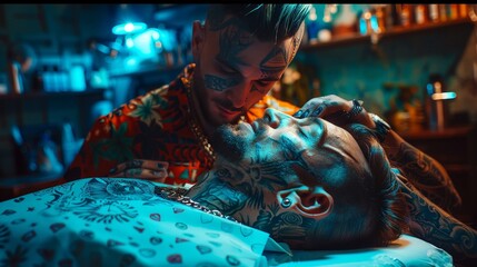Bearded tattoo artist creating stunning artwork in his studio by tattooing intricate designs